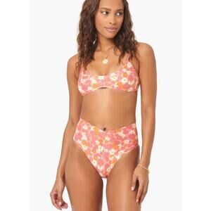 L*Space Fused Ry Bikini Bottoms Size XS Daisy Printed High Waist Pink Orange NEW